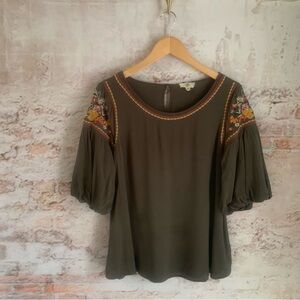 🥀 Entro Olive Embroidered Puff Sleeve Top